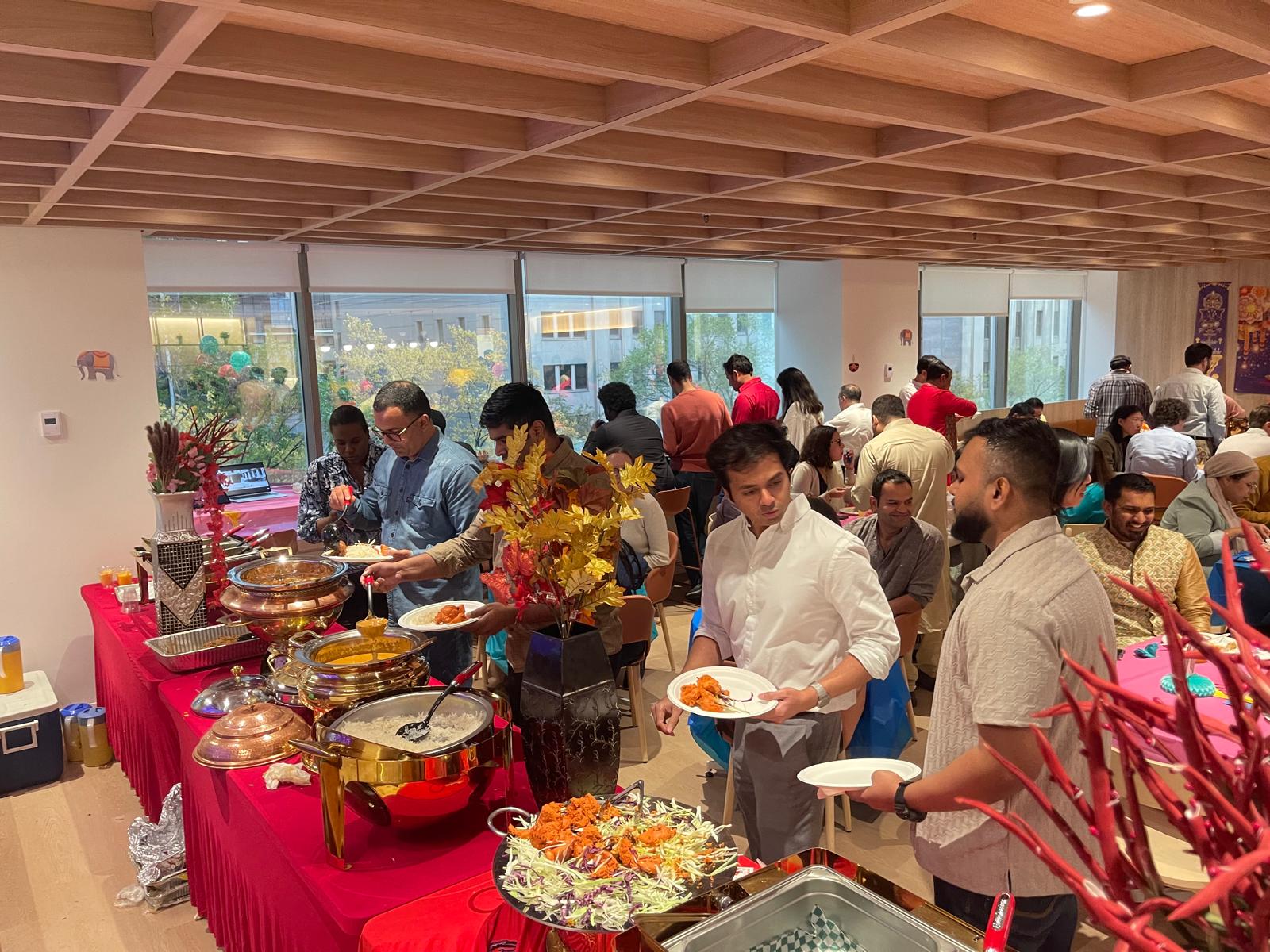 Guests enjoying a catered Indian buffet
